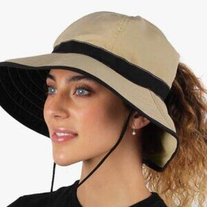 Ponyflo Womens Outdoor Ponytail Drawstring Bucket Hat with Full Back Opening